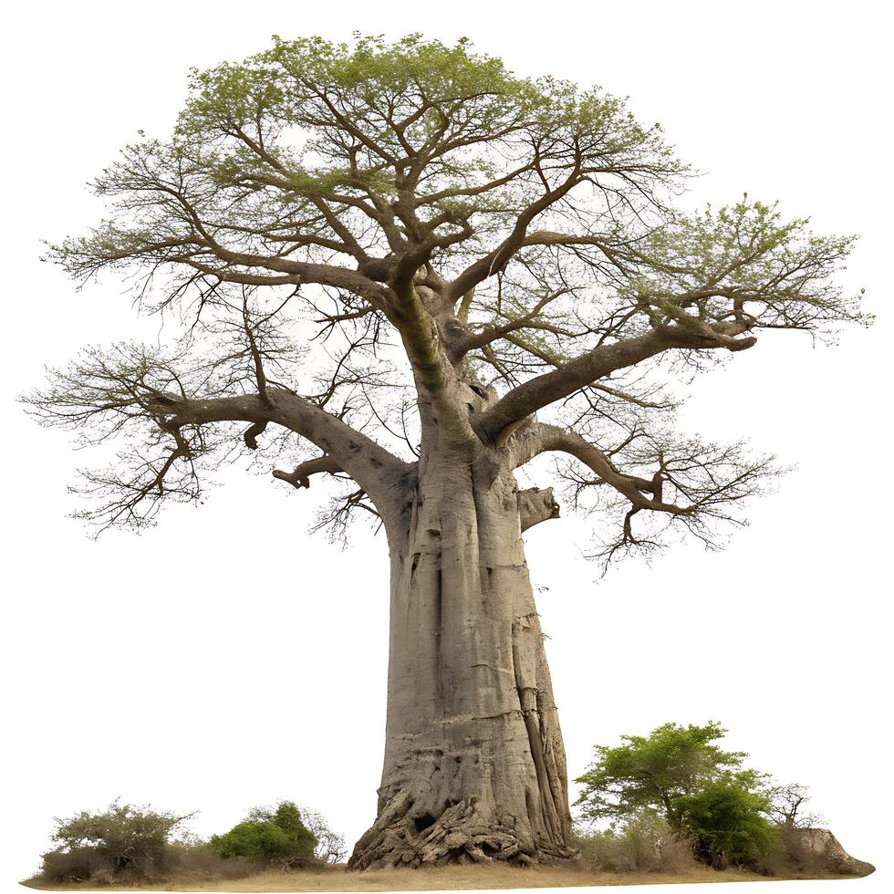 Iconic baobab tree with a towering, swollen trunk and sparse branches, isolated on a clean background, perfect for nature and environmental themes photo