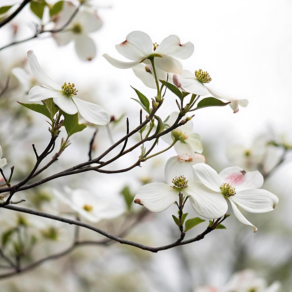 Close up view of dogwood flowers with pristine white petals and vibrant green leaves on slender branches, evoking the freshness of nature photo