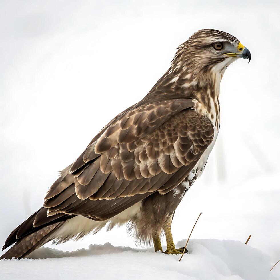 A buzzard perched on snow, showcasing its sharp beak and striking feather patterns, set against a soft white background photo