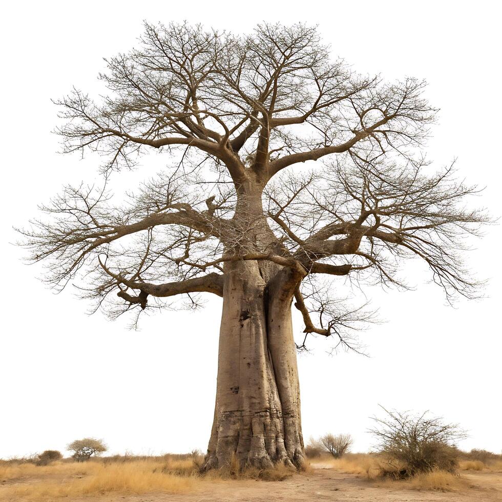 Majestic baobab tree standing in a dry landscape, its leafless branches forming an intricate pattern, isolated on white, emphasizing its resilience photo