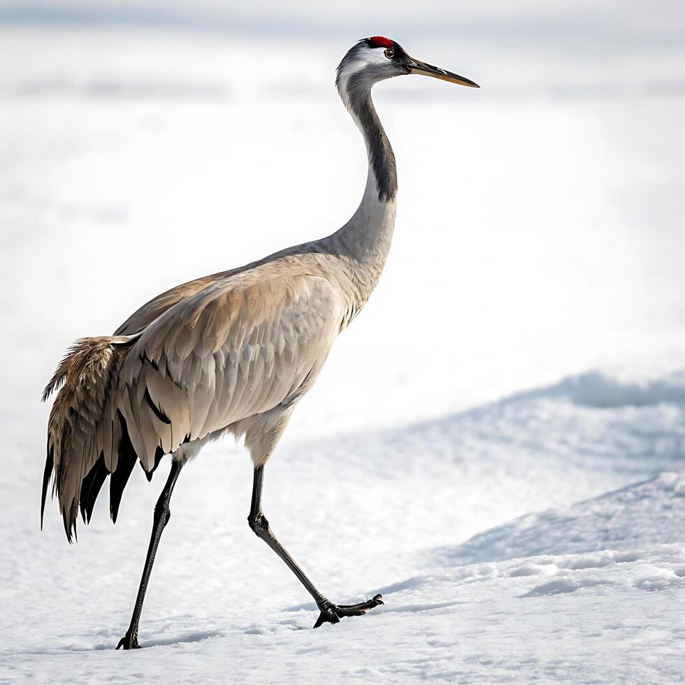 A striking crane bird with red crown and slender legs, walking elegantly in the snow, isolated on a white background photo