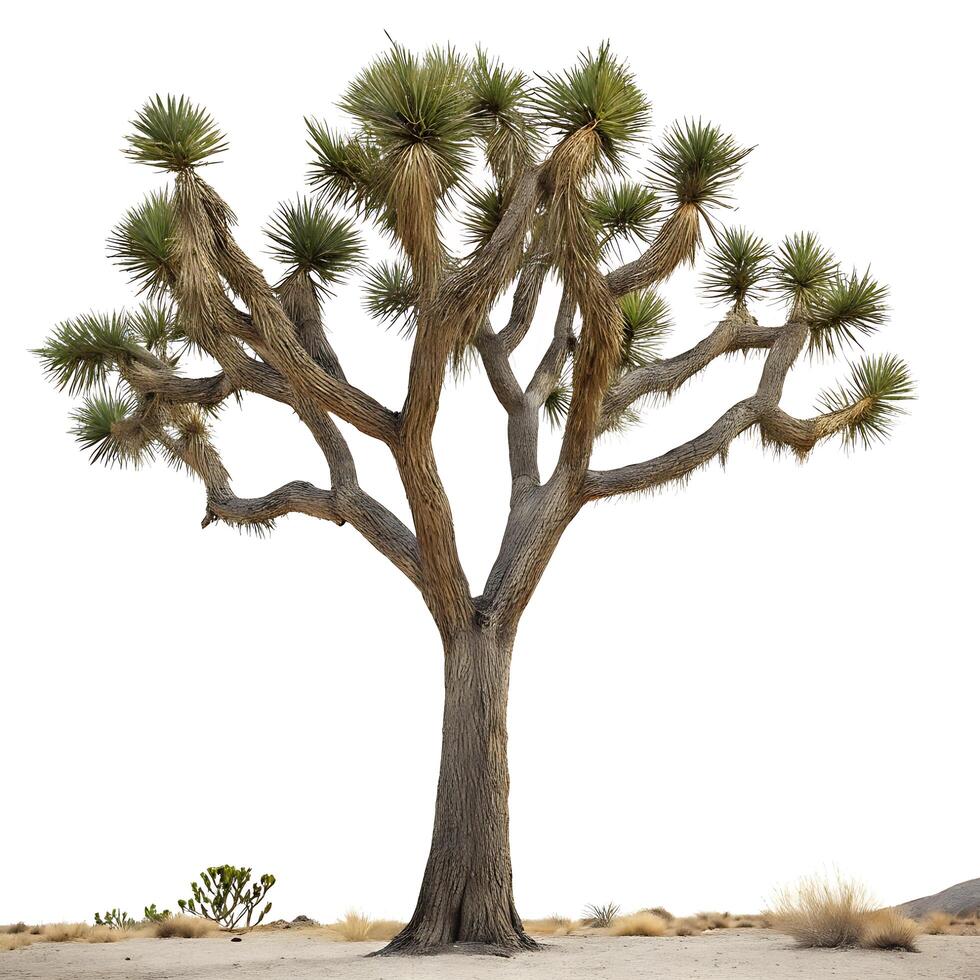 A solitary Joshua tree amidst the desert landscape, featuring its unique branching structure and sparse surroundings under soft natural light photo
