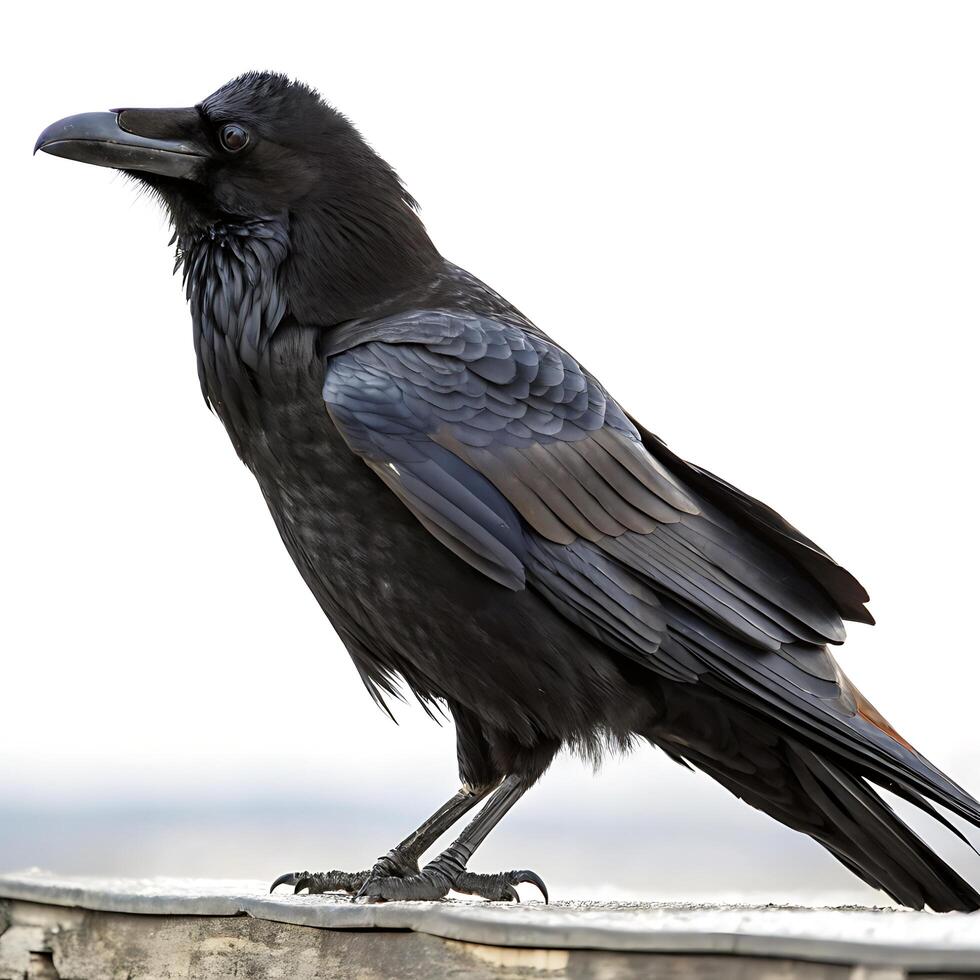 A side profile of a crow, highlighting its dark plumage and strong beak, perched gracefully on a surface with a white backdrop photo