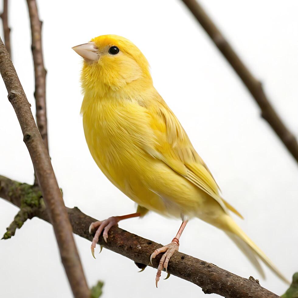 Beautiful yellow canary bird perched on a branch with vivid yellow feathers, isolated against a white background for a striking look photo