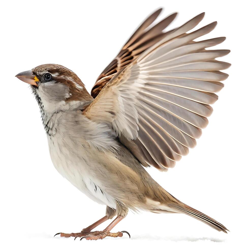 Dynamic image of a sparrow flying and spreading its wings, set against a soft white background with fine details of feathers and motion photo