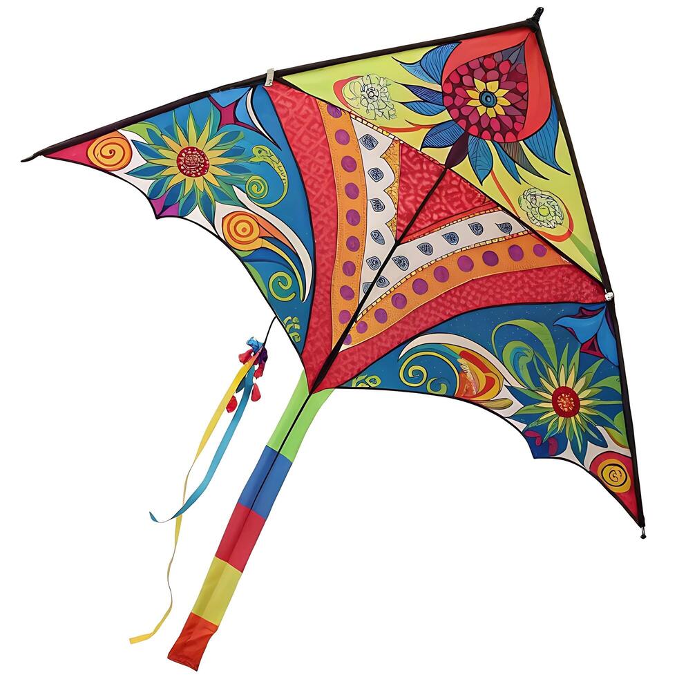 Vibrant kite with intricate designs and colorful tail soaring in the wind, evoking a sense of playfulness and adventure photo