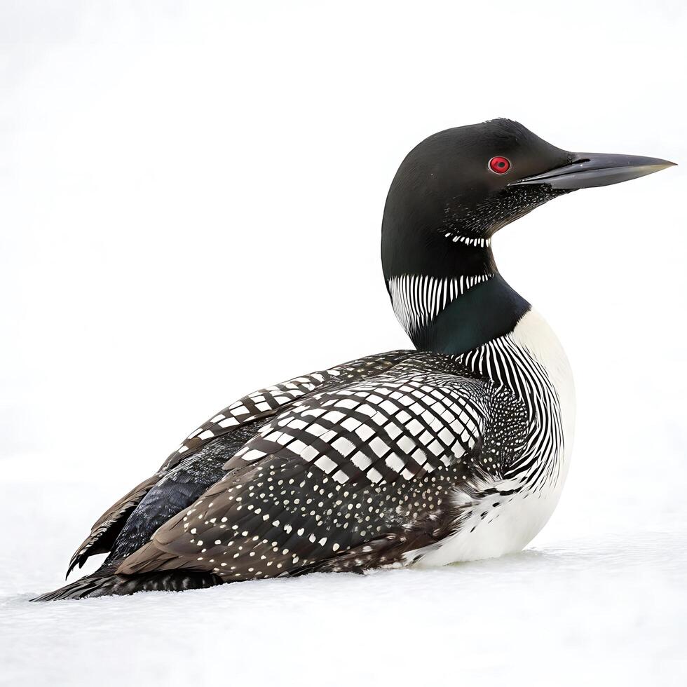 Beautiful loon resting on snow, displaying its distinctive black and white feathers and vivid red eyes, captured in sharp focus photo
