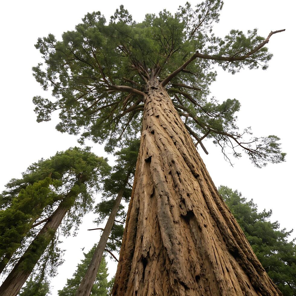 Powerful coast redwood tree viewed from the base, highlighting its massive trunk and rich green canopy against a simple white backdrop photo