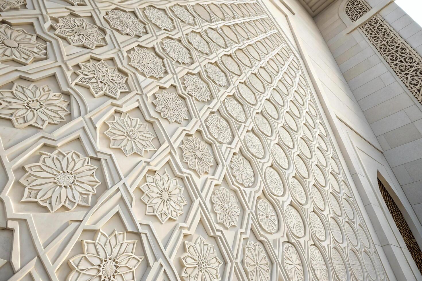 Artistic view of a traditional Islamic floral pattern in light shades, casting shadows on a textured surface, perfect for Ramadan Islamic Background. photo