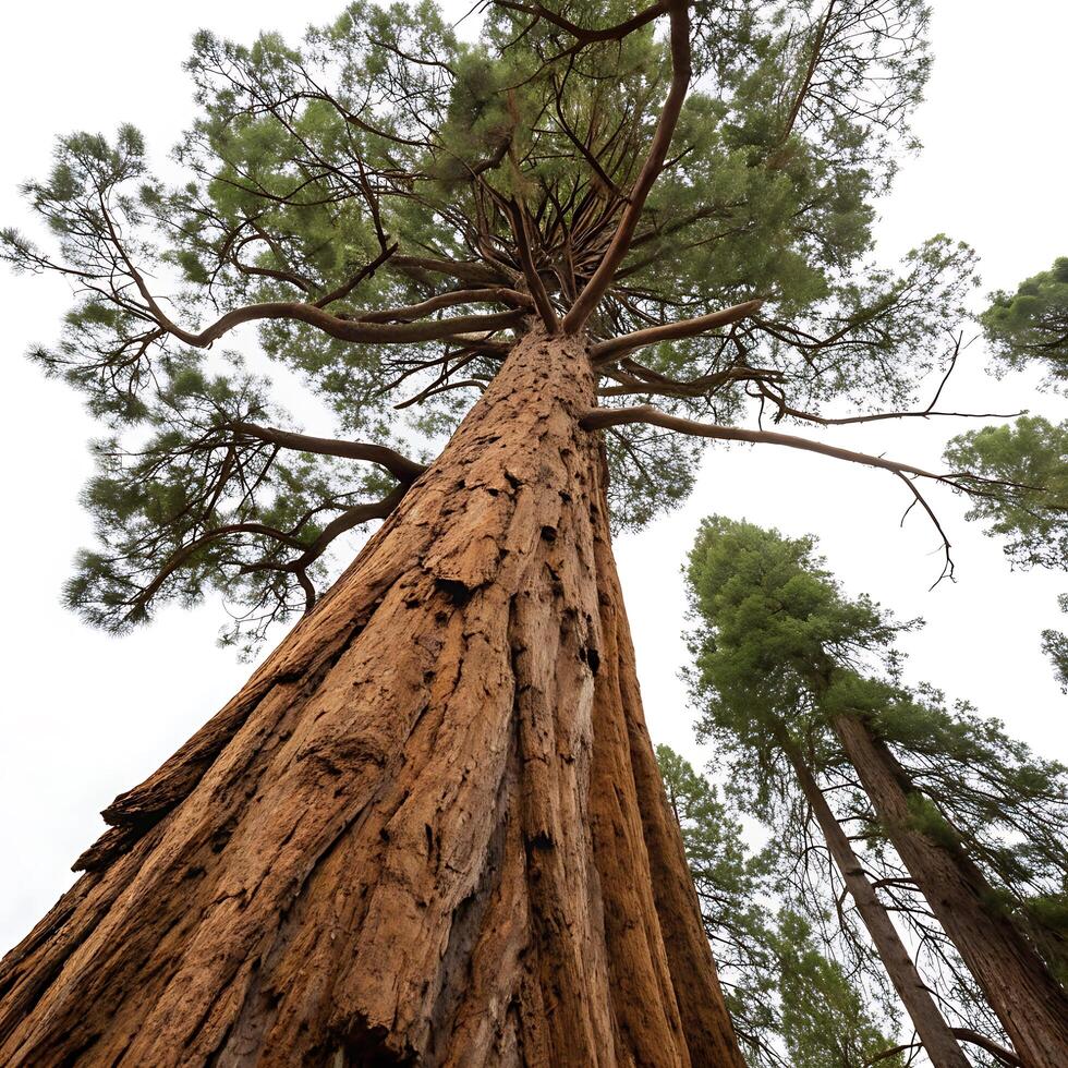 Majestic redwood tree with thick bark and vibrant green foliage, seen from below, creating a dramatic perspective against a white backdrop photo