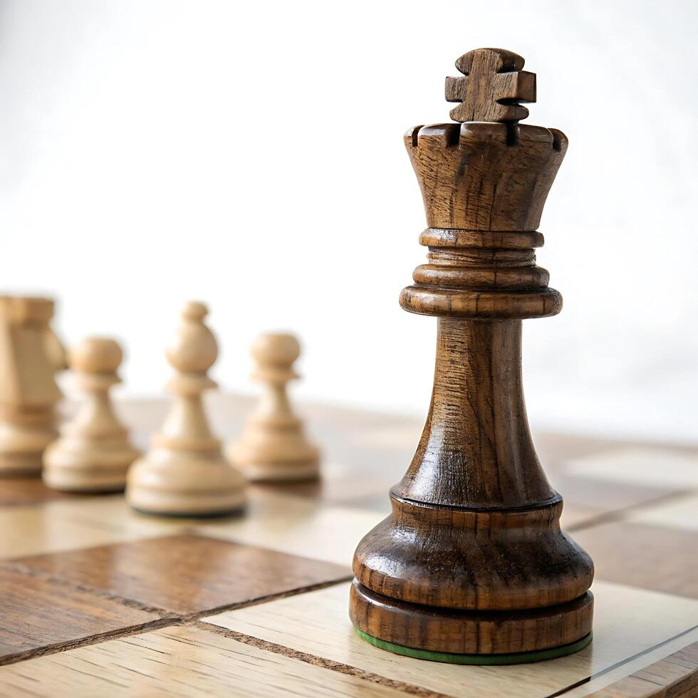 wooden chess king piece on a chessboard with pawns in the background, highlighting the intricate design and texture photo