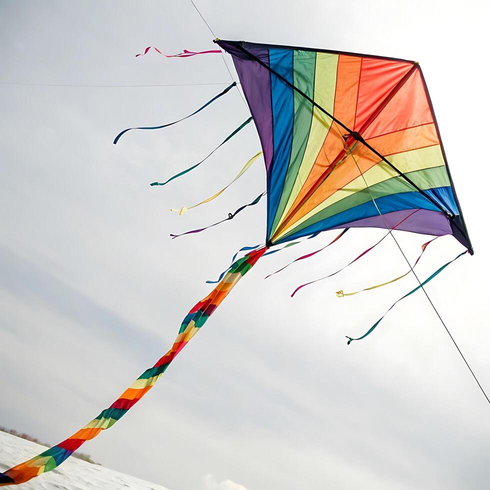 Fun and artistic kite with a kaleidoscope of patterns and rainbow colored ribbons, capturing the essence of flying in the open air photo
