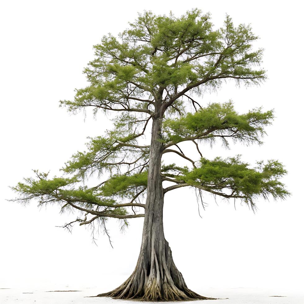 Beautiful bald cypress tree standing in water, with unique aerial roots and delicate green leaves, isolated on a clean white background photo