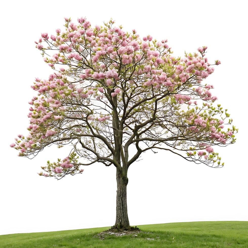 A vibrant tulip tree in full bloom with soft pink flowers and fresh green leaves, set against a white background to highlight its delicate beauty photo