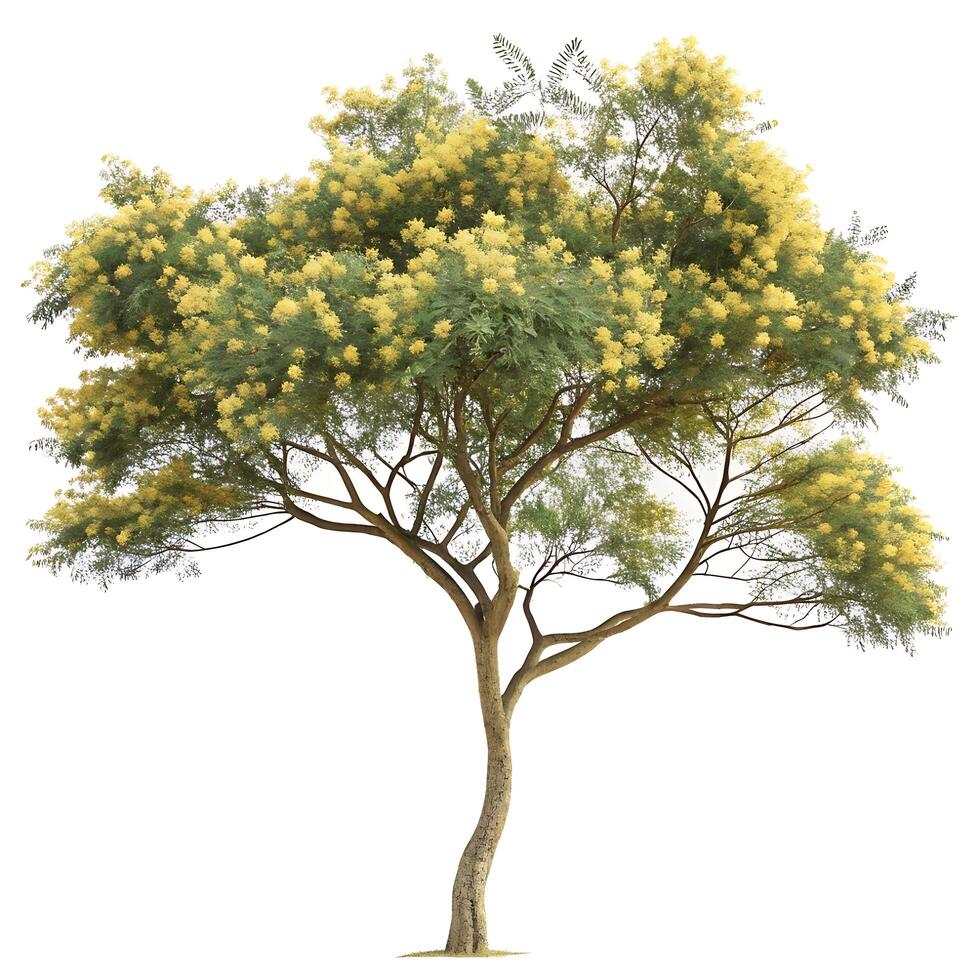 Elegant acacia tree with a curved trunk, delicate branches, and vibrant yellow flowers, isolated on white, highlighting its unique organic shape photo