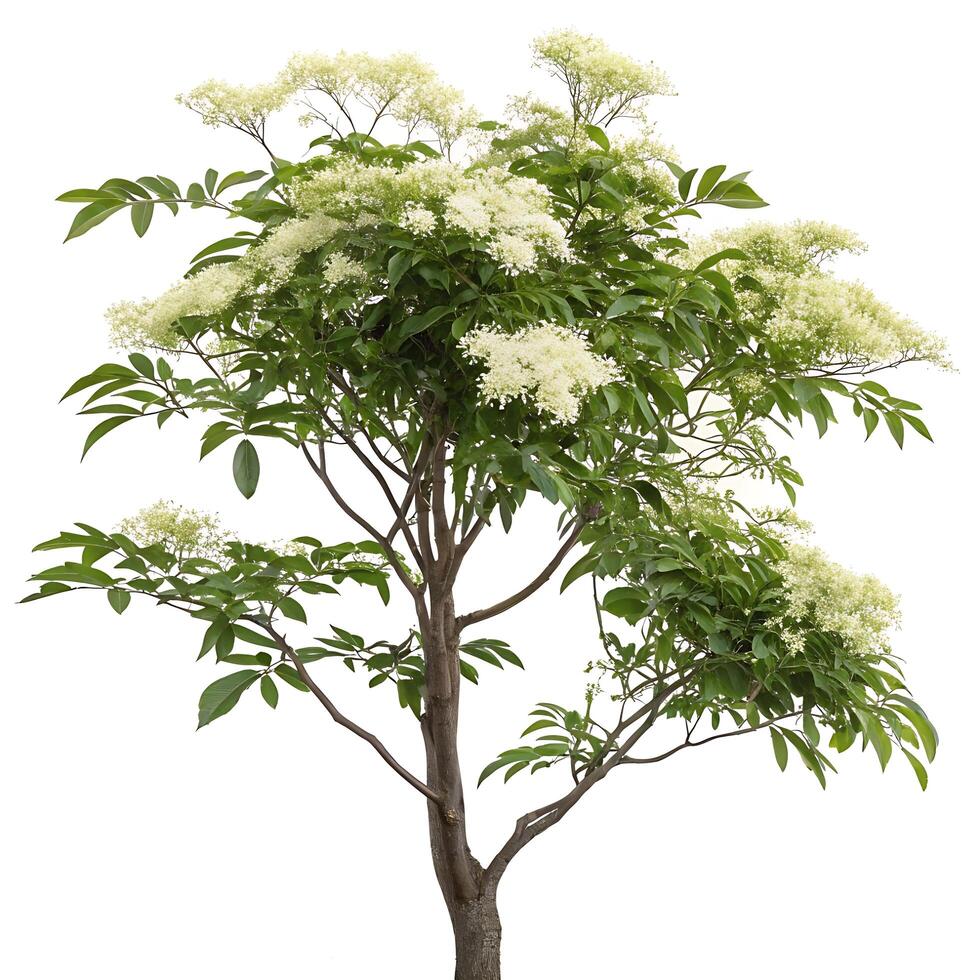 Elder tree with delicate white flowers and green foliage standing in a clean, white background, symbolizing purity and natures beauty photo