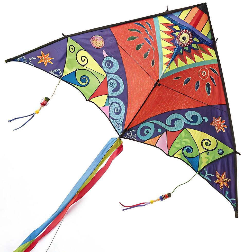 Dynamic kite with vibrant geometric patterns and colorful streamers soaring high above, a symbol of outdoor fun and exploration photo