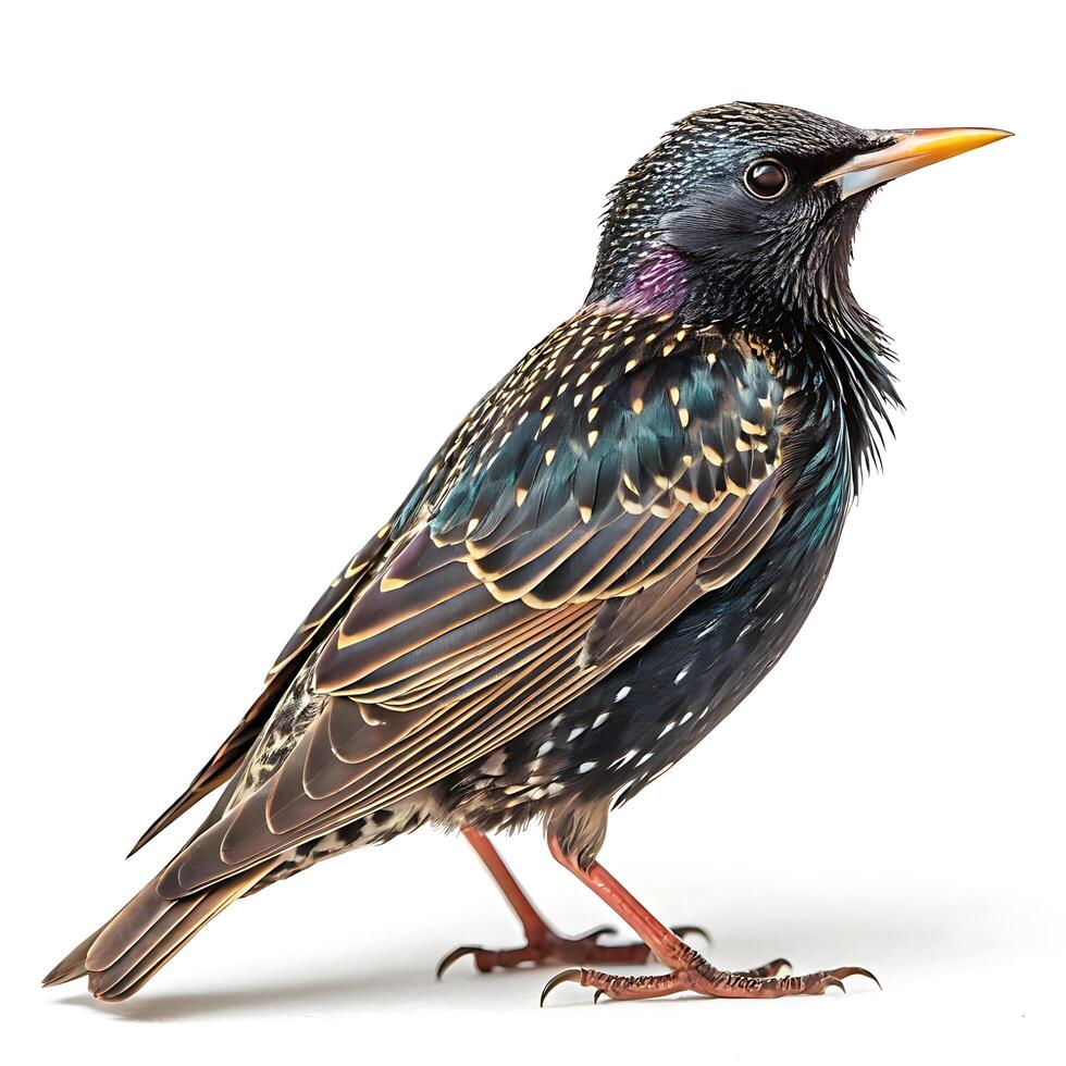 starling bird with iridescent feathers, perched gracefully with intricate details of its colorful plumage and distinctive beak photo