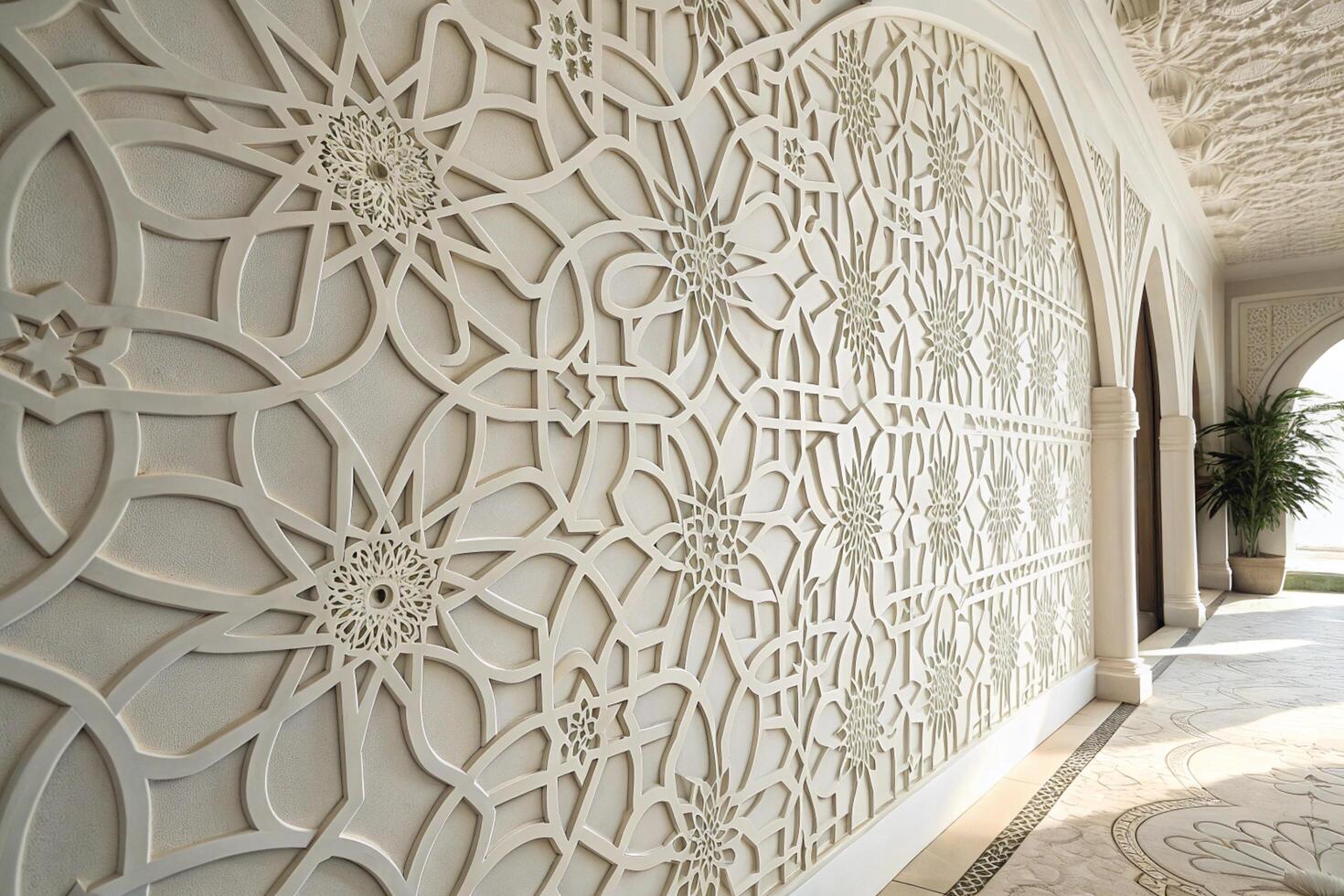 Ornate arabesque design with intricate geometric and floral patterns on white textured background, a serene and peaceful visual for Ramadan Islamic Background. photo