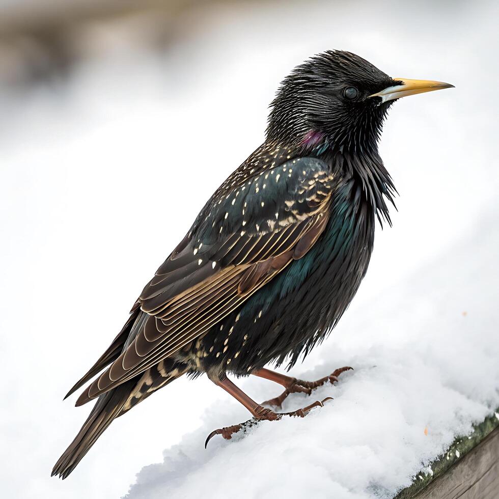 Beautiful starling bird with glossy feathers and iridescent sheen, captured perched in the snow with a natural and elegant pose photo