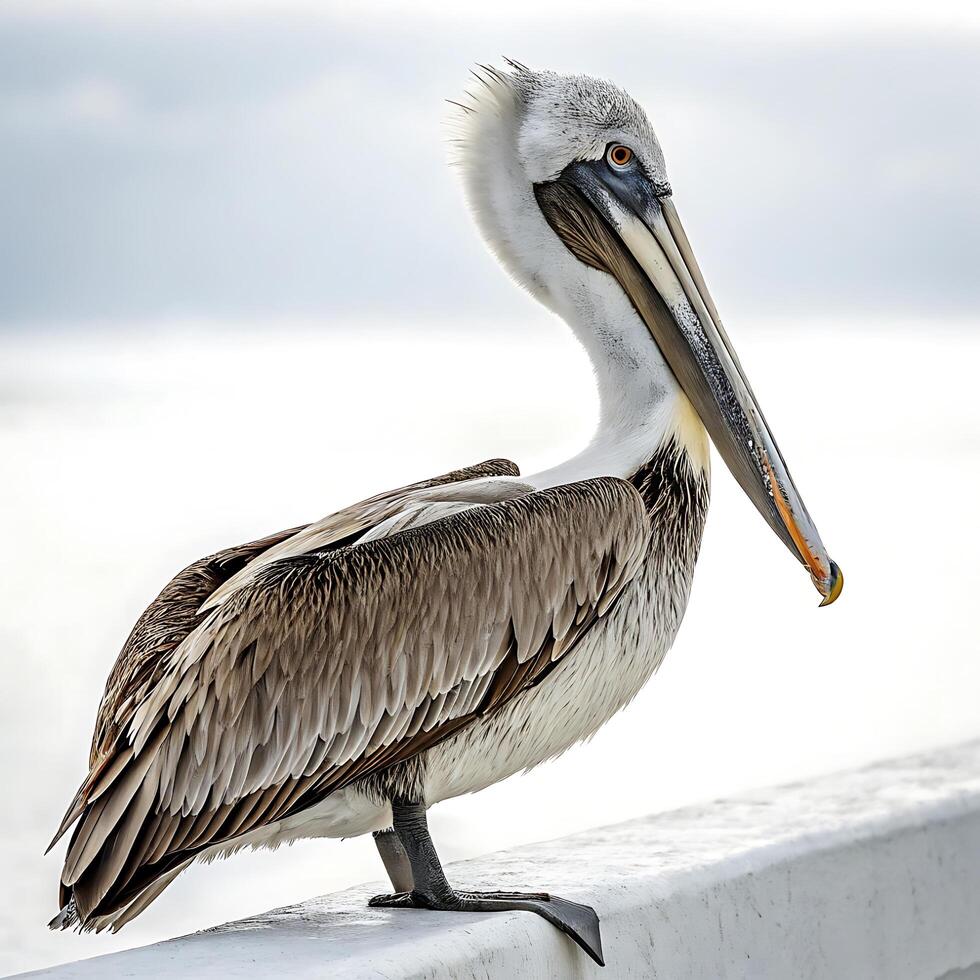 Gorgeous pelican with its sleek feathers and elongated bill standing tall on a surface, set against a white background photo