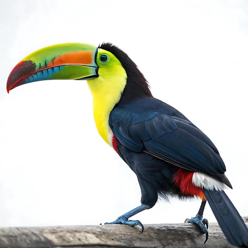 Portrait of a toucan bird, showcasing its vivid orange, yellow, and blue beak and sleek black feathers, perfectly framed with a white background photo