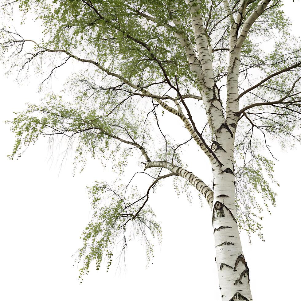 Beautiful birch tree with peeling bark and slender branches, isolated on white, highlighting its natural beauty and unique organic structure photo