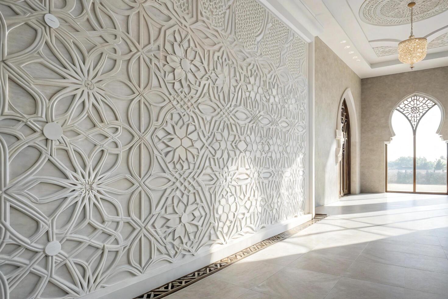 Subtle abstract white geometric pattern with delicate arabesque details, offering a modern touch with a touch of tradition, ideal for Ramadan Islamic Background. photo