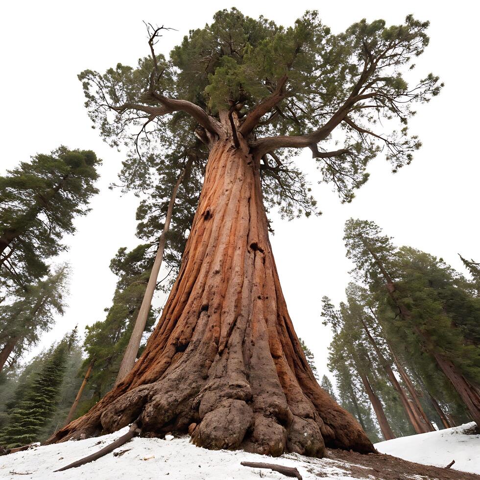 Imposing giant sequoia standing tall against the sky, capturing the grandeur and natural beauty of these ancient trees in a serene winter scene photo