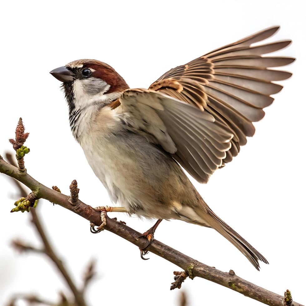 A sparrow in mid flight, wings spread wide, perched on snow covered ground with intricate feather details visible in the soft winter light photo