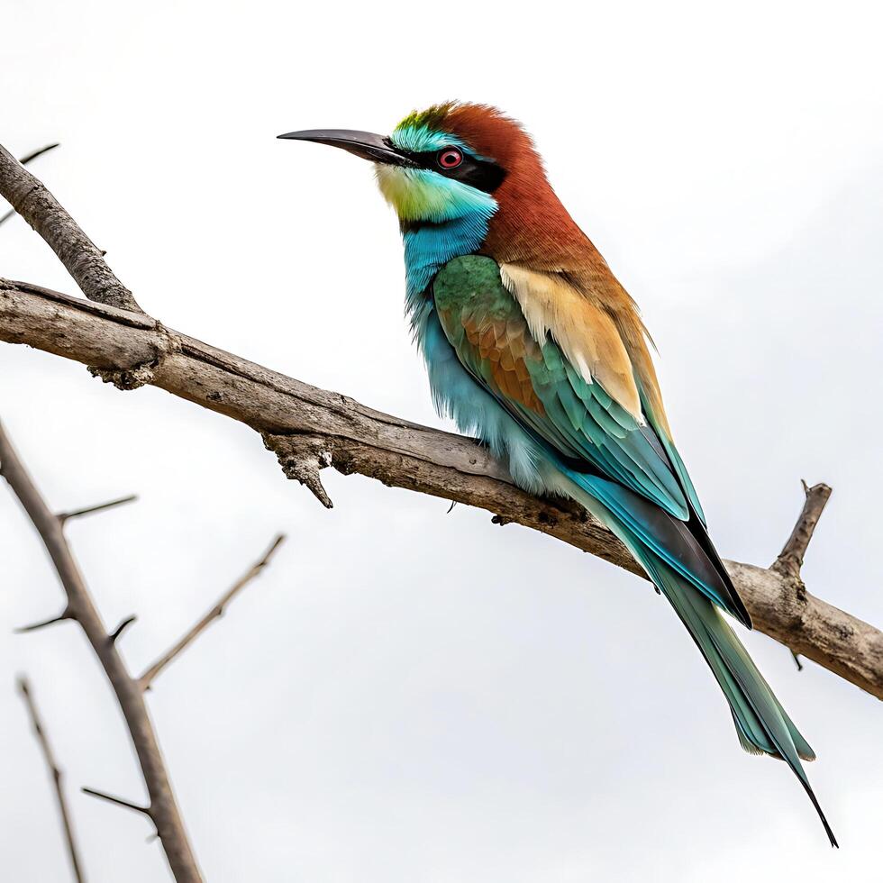A vibrant bee eater perched on a branch, showcasing its colorful plumage with turquoise and orange feathers, set against a white background photo