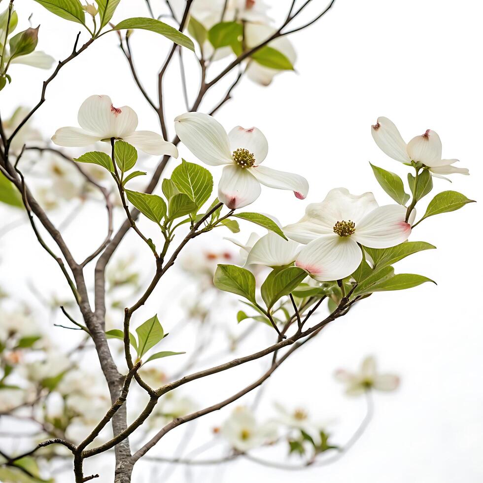 Delicate dogwood blossoms with soft white petals and green leaves against a light, airy background, capturing the beauty of spring photo