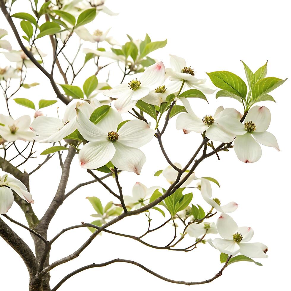 Gentle dogwood blossoms on branches, with white petals and subtle pink tips, creating a serene springtime atmosphere against a soft backdrop photo