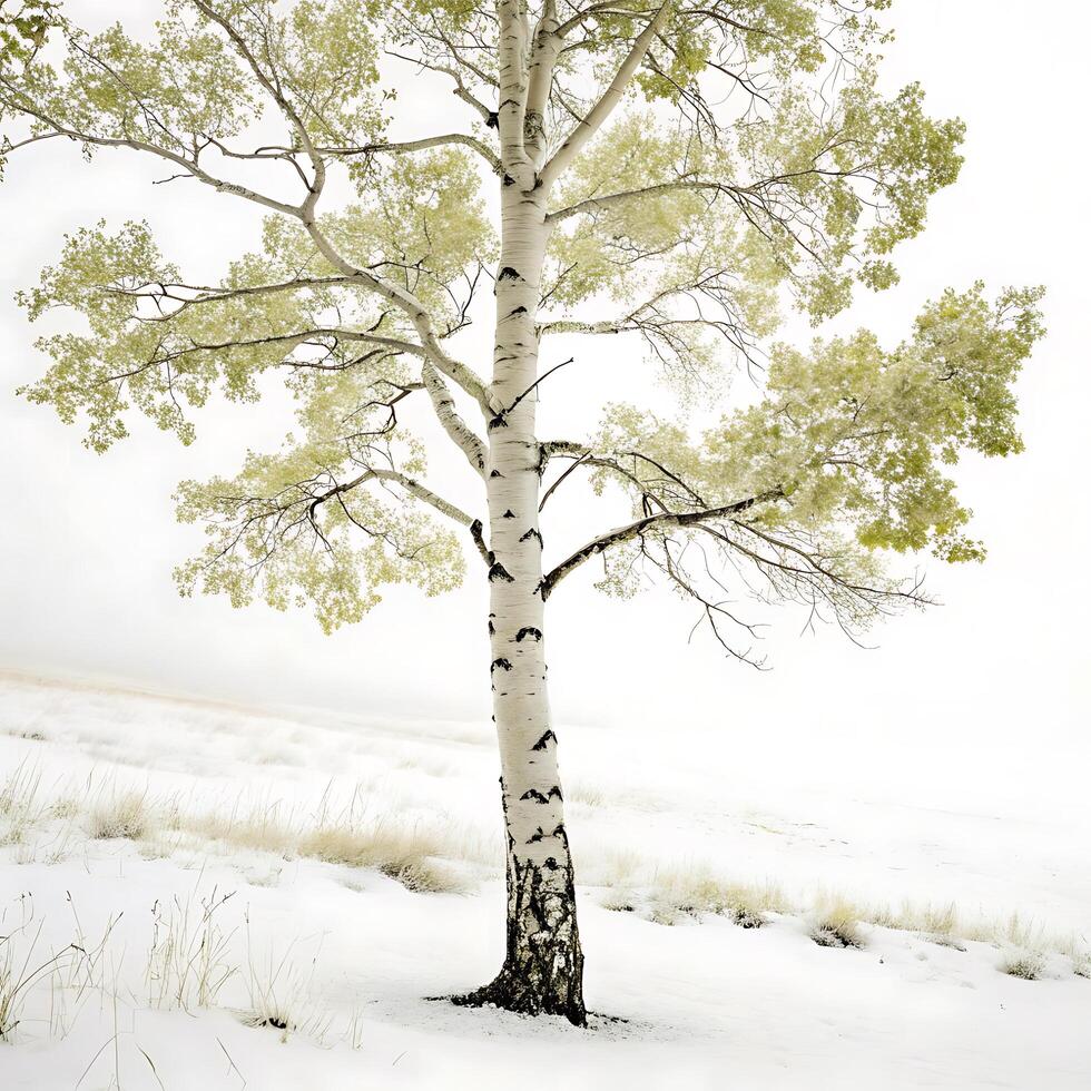 Scenic aspen tree standing in a snowy winter landscape, its white bark blending with the frost covered surroundings, evoking a serene atmosphere photo
