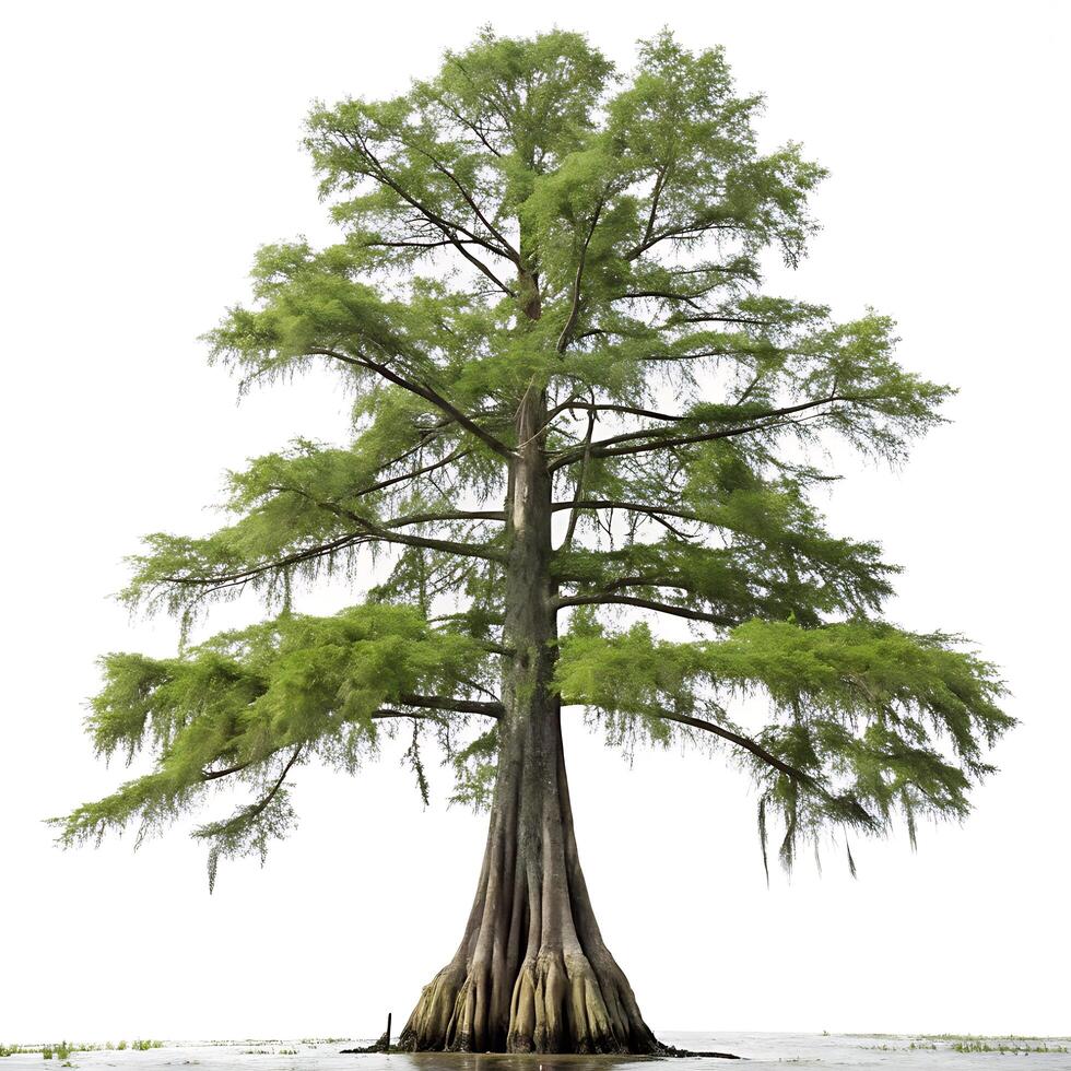 Scenic bald cypress tree with a straight trunk, widespread branches, and hanging moss, isolated on white, highlighting its wetland habitat photo