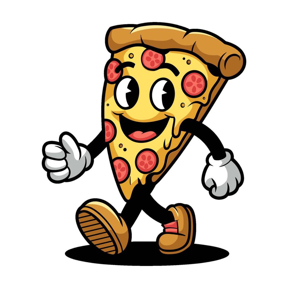 Funny cartoon pizza character is walking on a white background vector