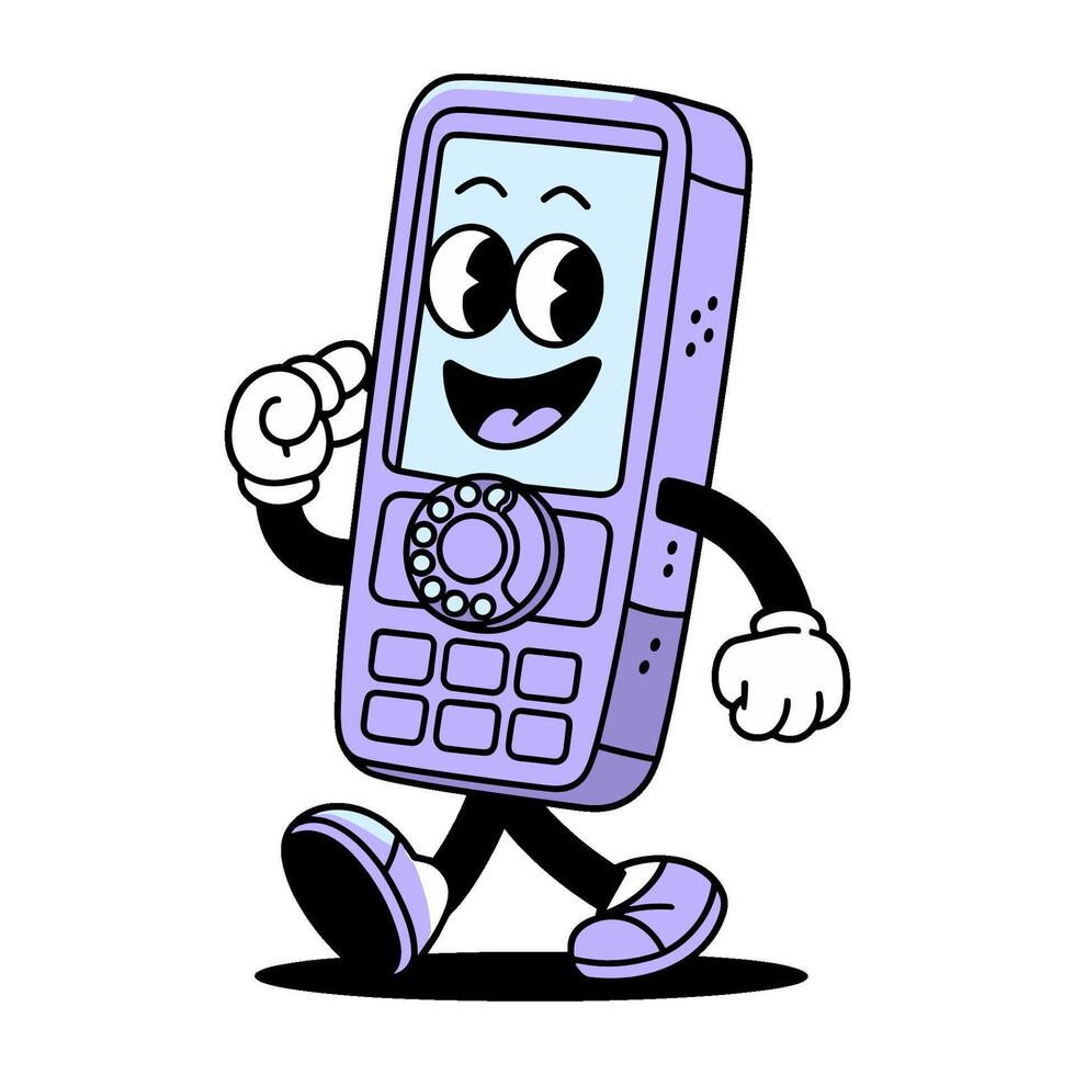 Retro character in flat design style showcasing a cheerful purple mobile phone walking character vector