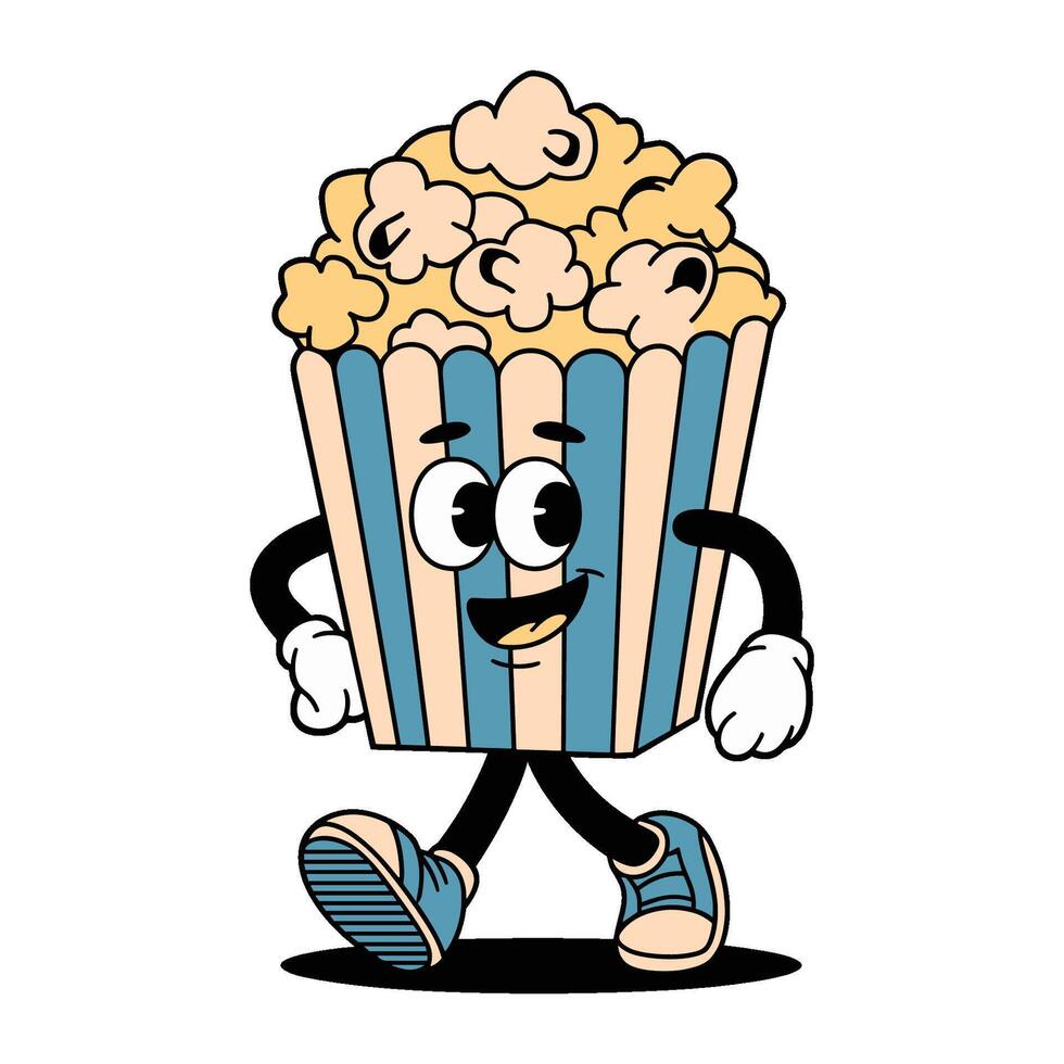 Retro cartoon character walking with a giant bucket of popcorn in a playful style vector