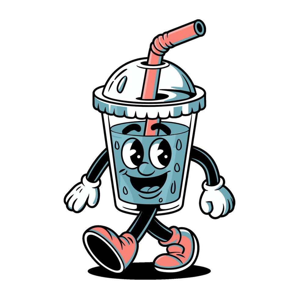Cartoon drink cup with straw walking, retro groovy style vector