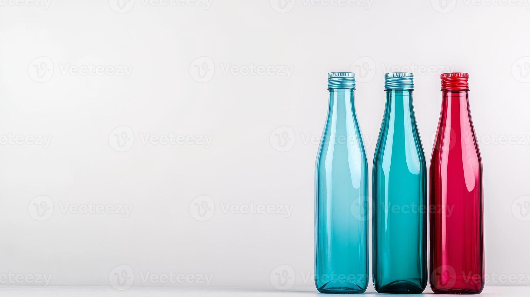 Three colored plastic bottles stand against a neutral backdrop photo