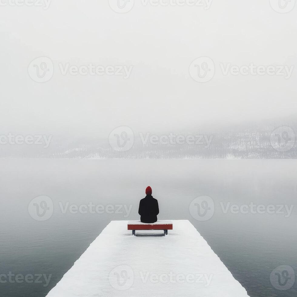 Personalized vacation on a snow-covered dock by a tranquil lake in winter photo