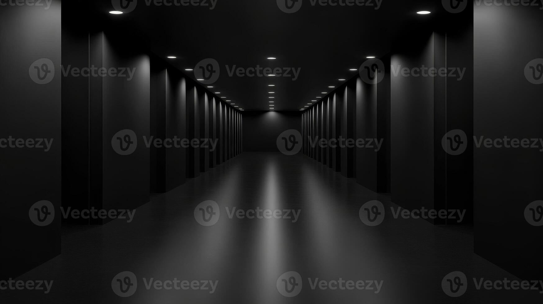 A dark hallway with lined lights creates a mysterious atmosphere photo