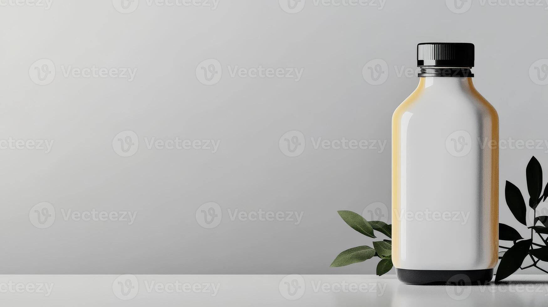 Minimalist bottle on a white surface with green leaves photo
