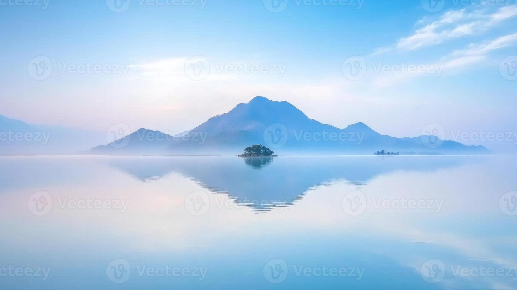 Calm lake reflects mountains under soft morning light photo