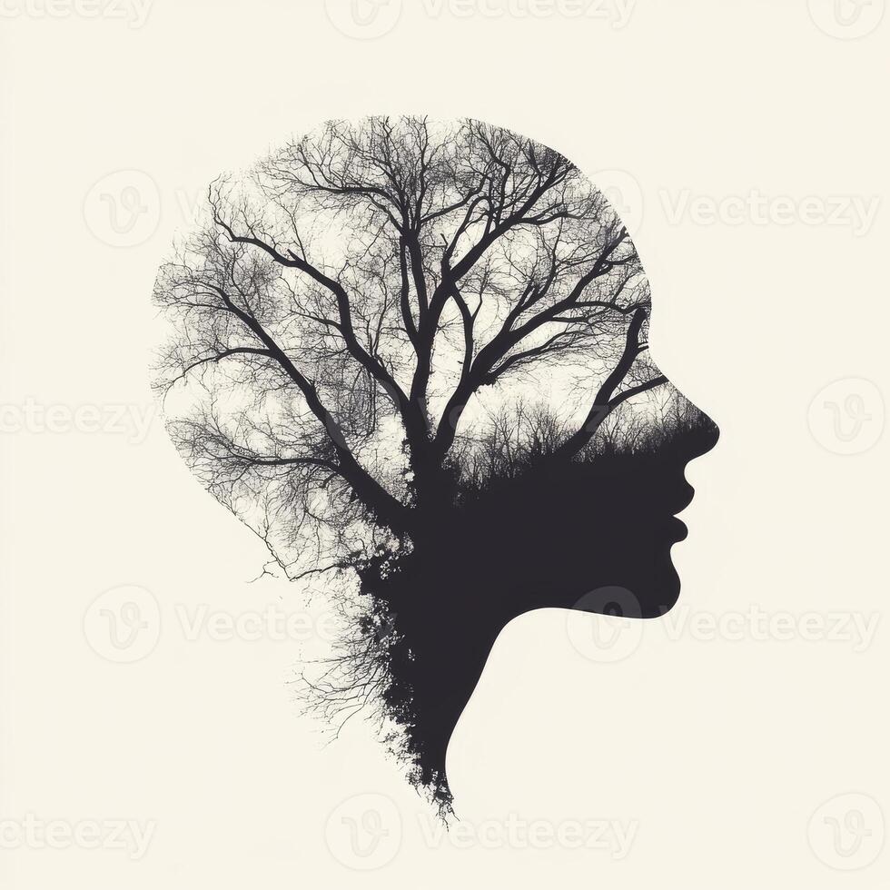 Silhouette of a woman's head filled with tree branches photo