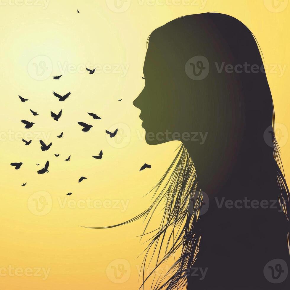 Silhouette of a woman with butterflies against a yellow background photo