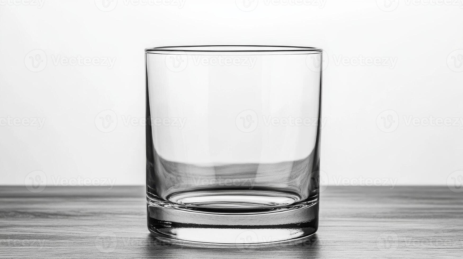Empty glass on wooden table with plain background photo