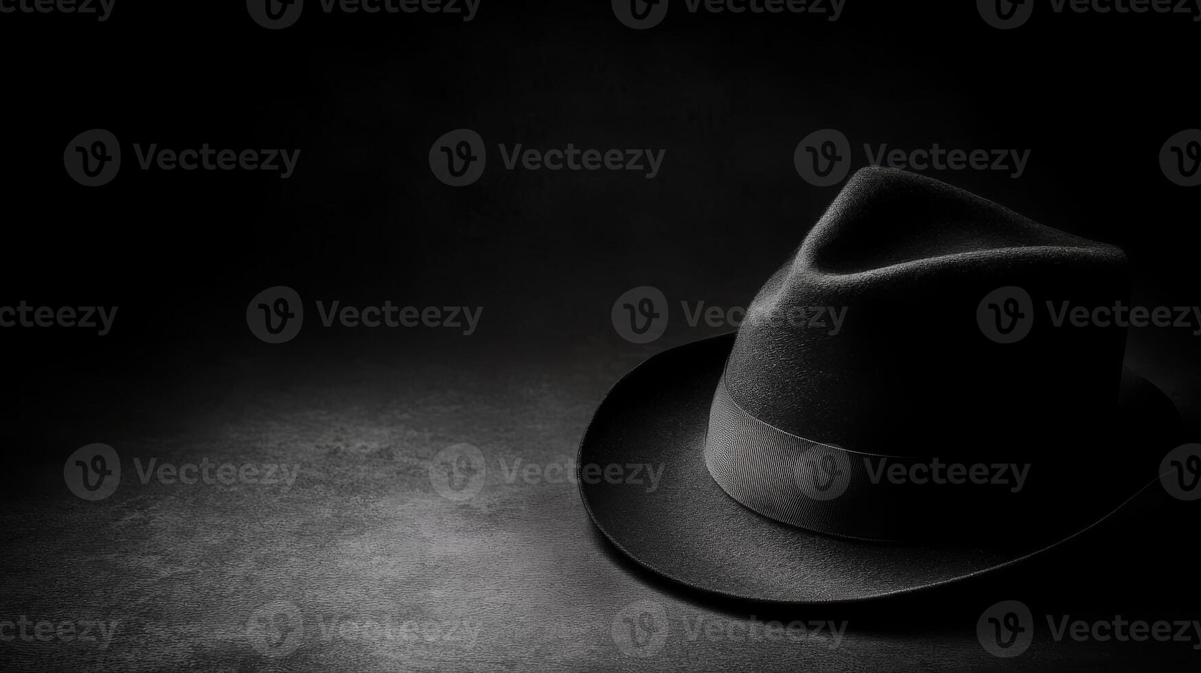 Classic black fedora resting on a dark surface in soft light photo