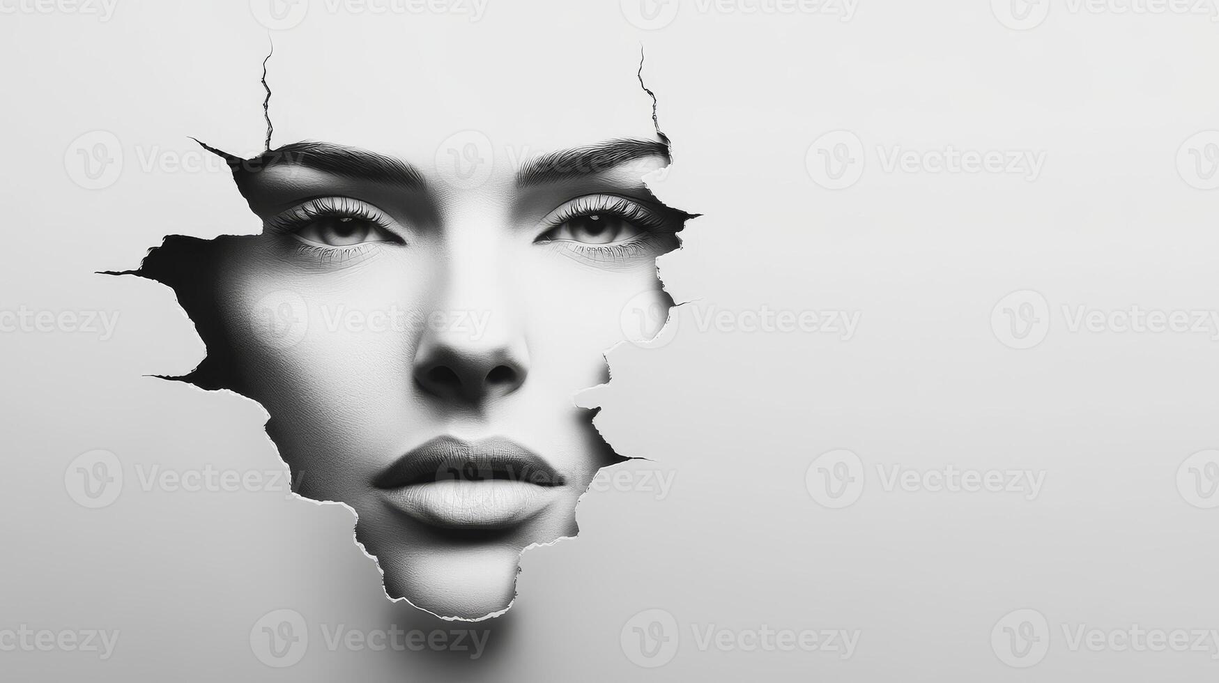Elegant woman emerging through a cracked surface in artistic display photo