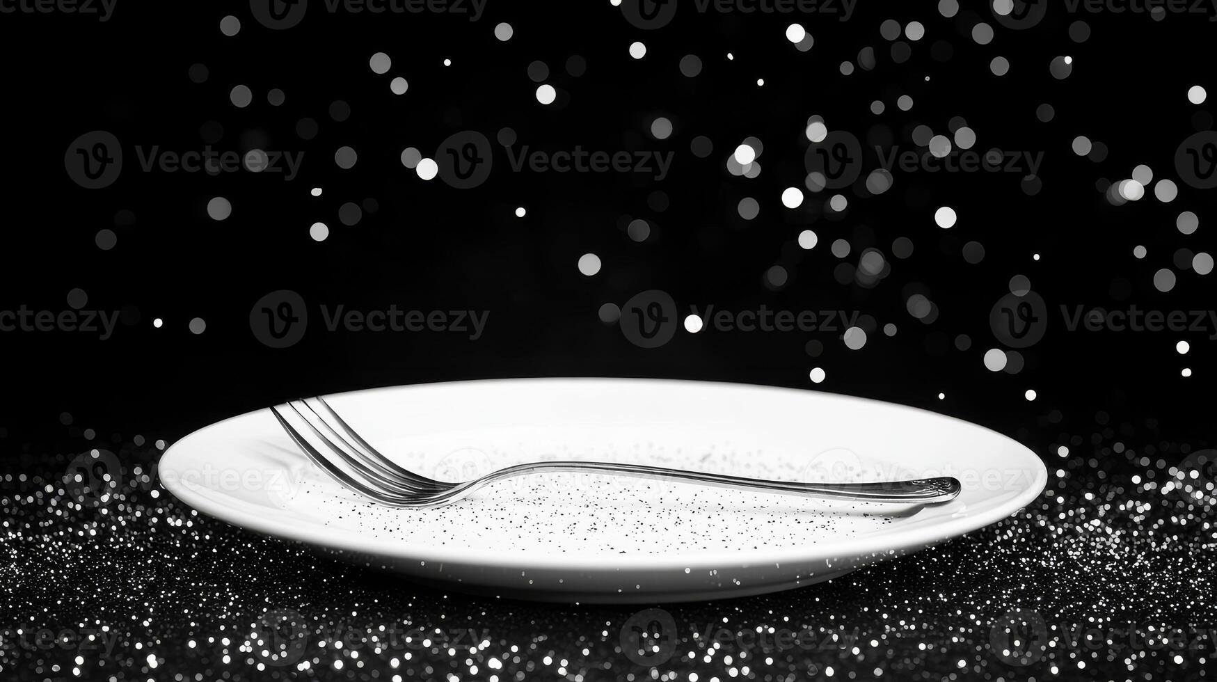 Elegant fork resting on a pristine white plate with sparkling backdrop photo
